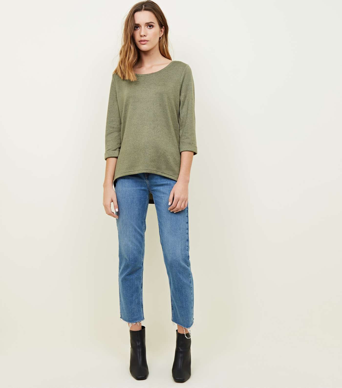 Olive Green 3/4 Sleeve Fine Knit Top Image 2
