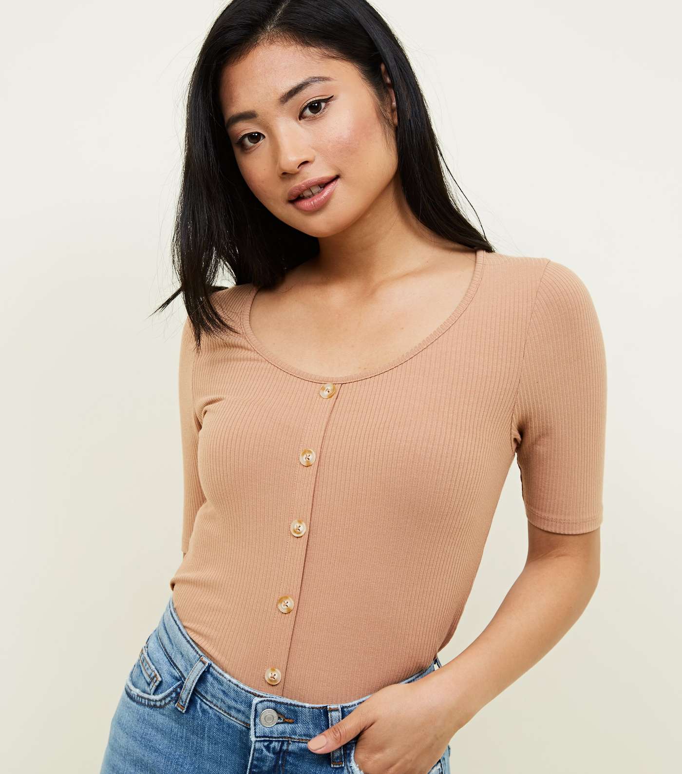 Petite Camel Ribbed Button Front T-Shirt