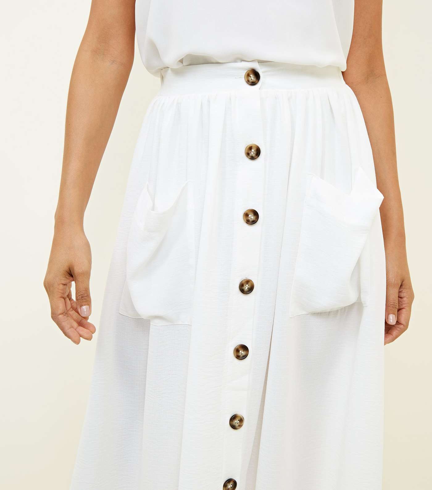 White Button Through Pocket Midi Skirt Image 5