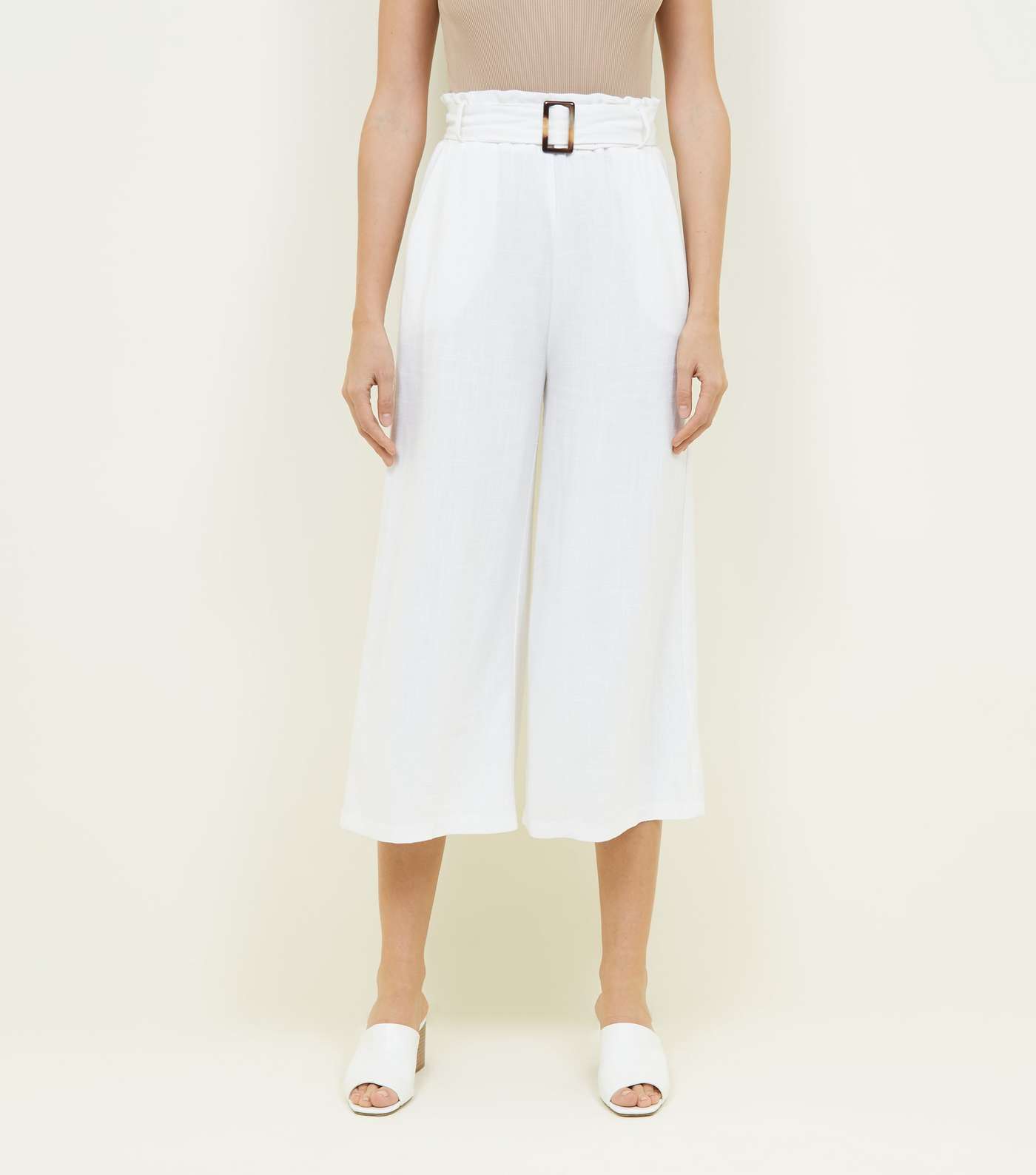 White Linen-Look Belted Culottes Image 2