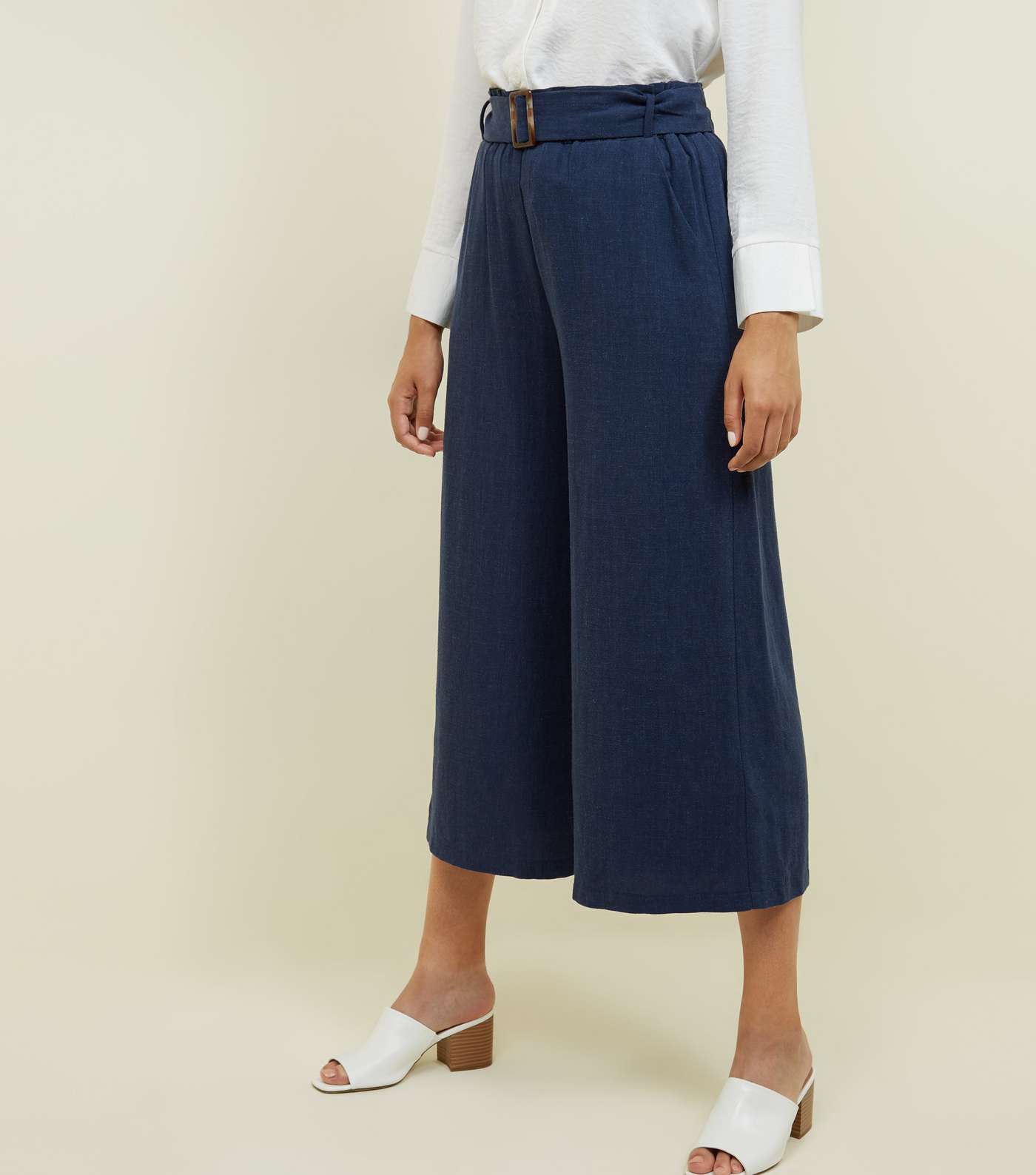 Navy Linen-Look Belted Culottes  Image 2