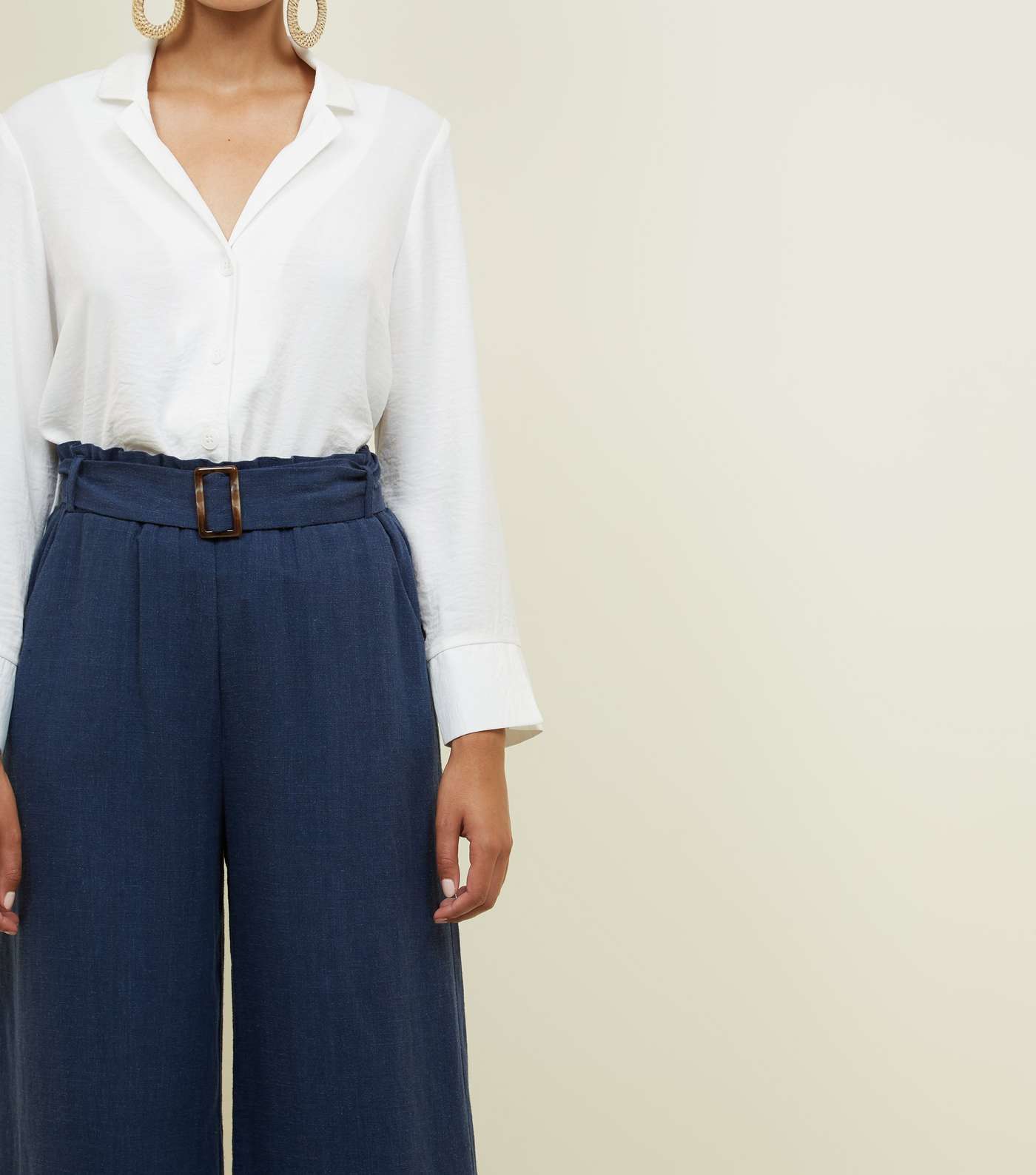 Navy Linen-Look Belted Culottes  Image 6