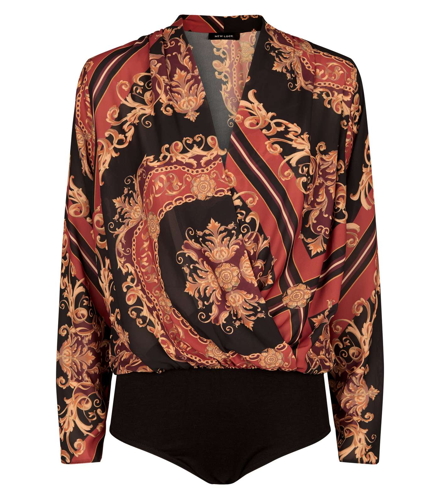 Black Baroque Print Wrap Front Bodysuit Image 4