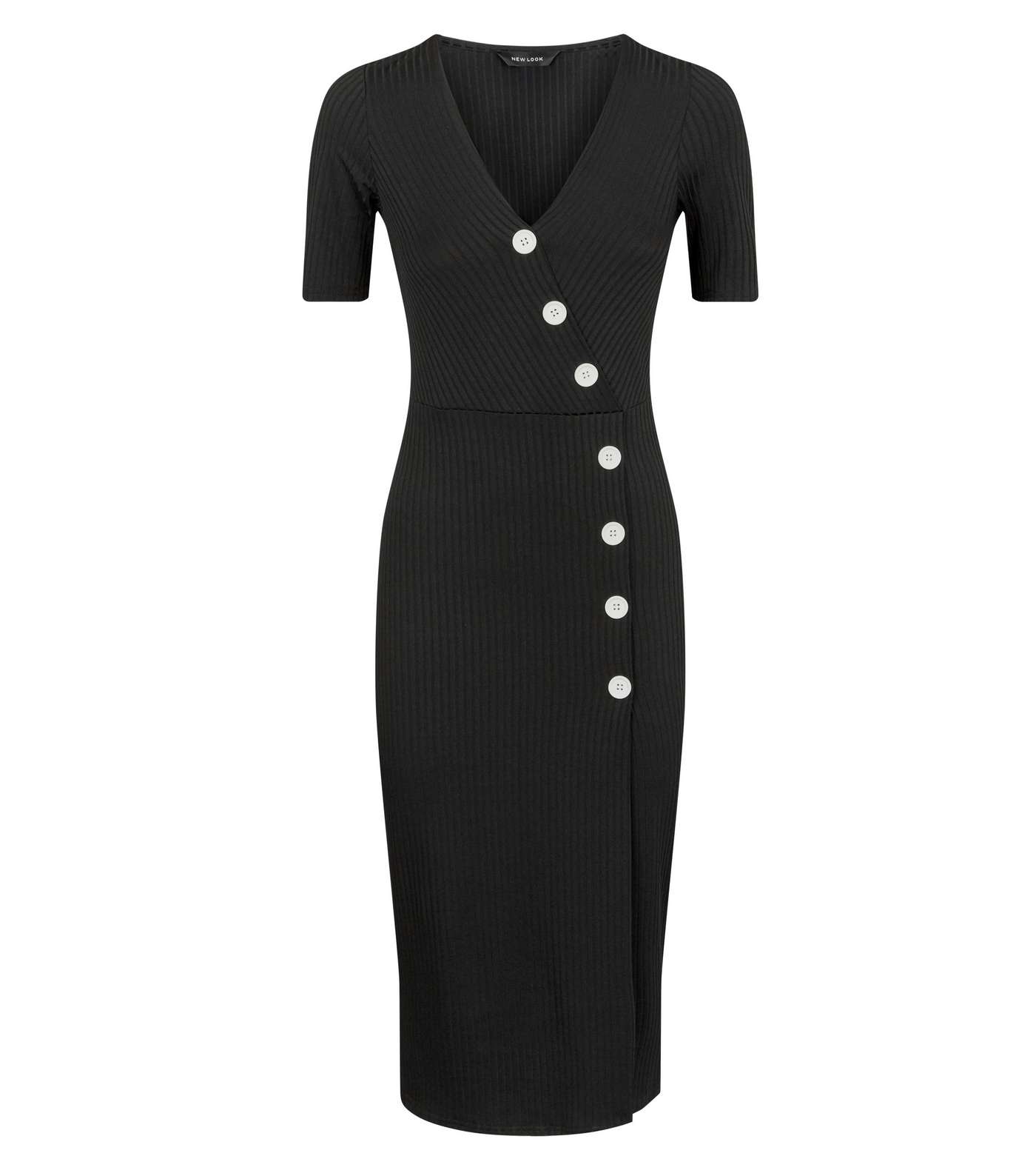 Black Ribbed Button Wrap Midi Dress Image 4