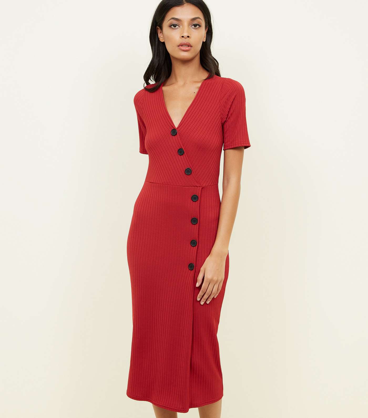 Red Ribbed Button Wrap Front Midi Dress
