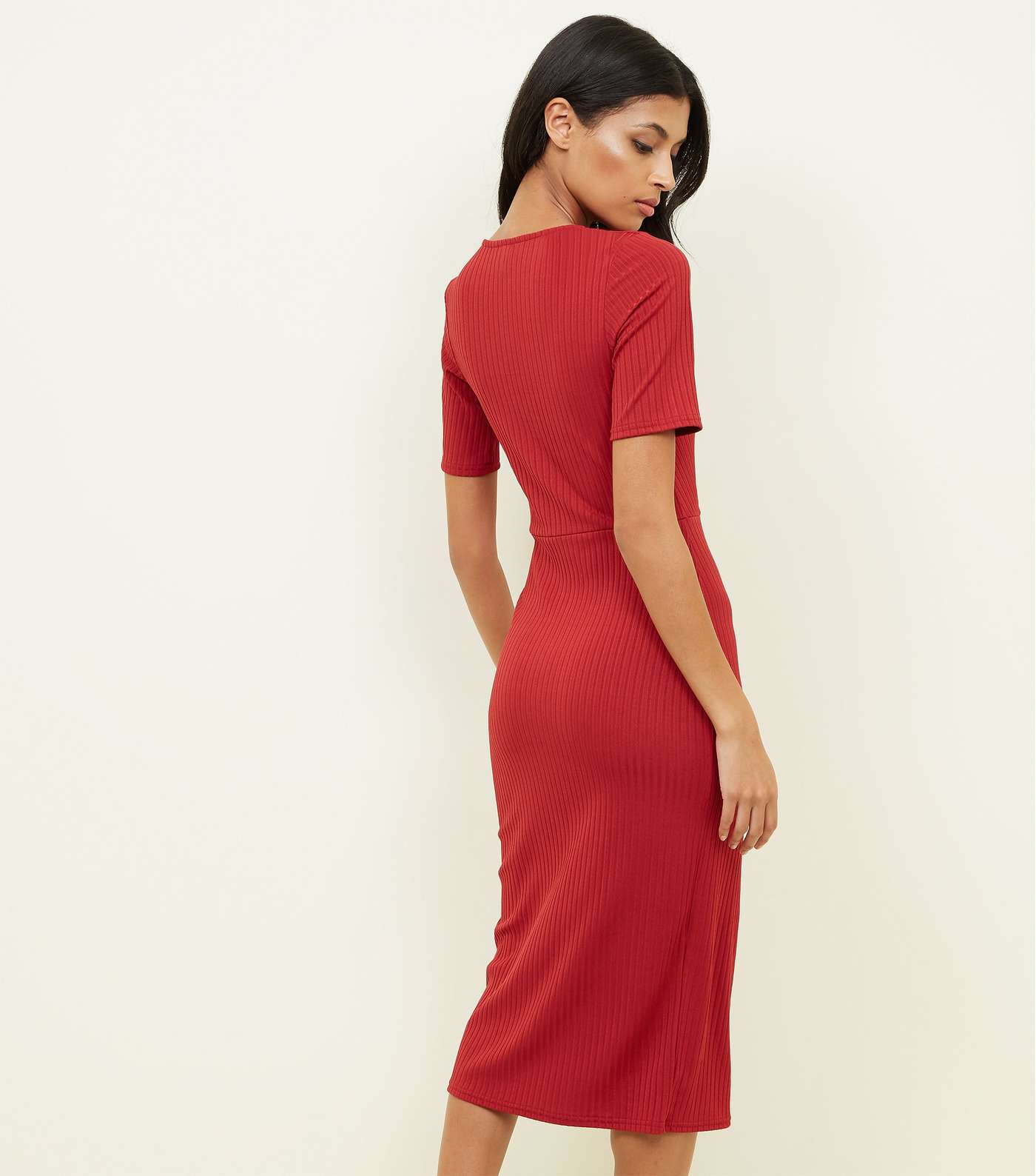 Red Ribbed Button Wrap Front Midi Dress Image 3