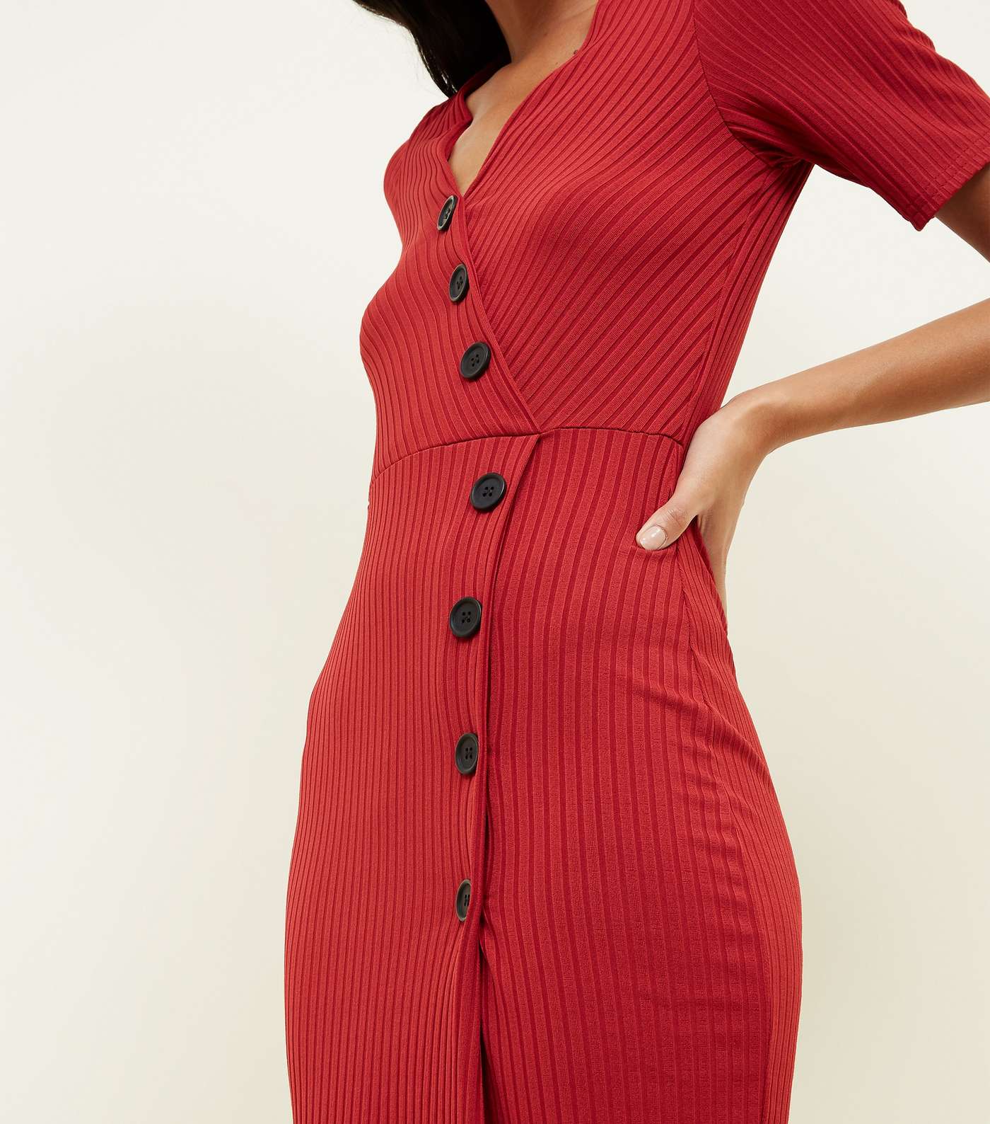 Red Ribbed Button Wrap Front Midi Dress Image 5