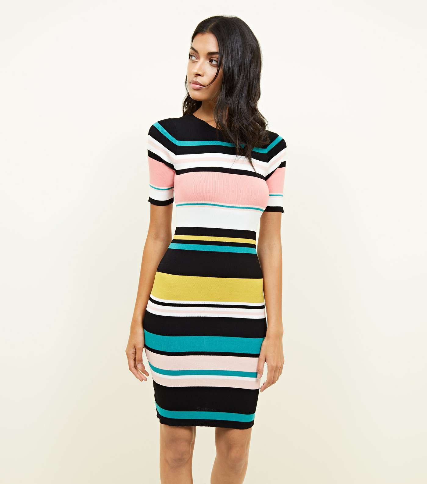 Multi Colour Block Stripe Ribbed Bodycon Dress