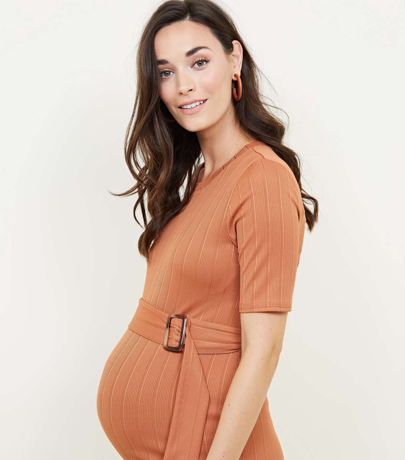 Maternity Rust Ribbed Horn Buckle Bodycon Dress Image 5