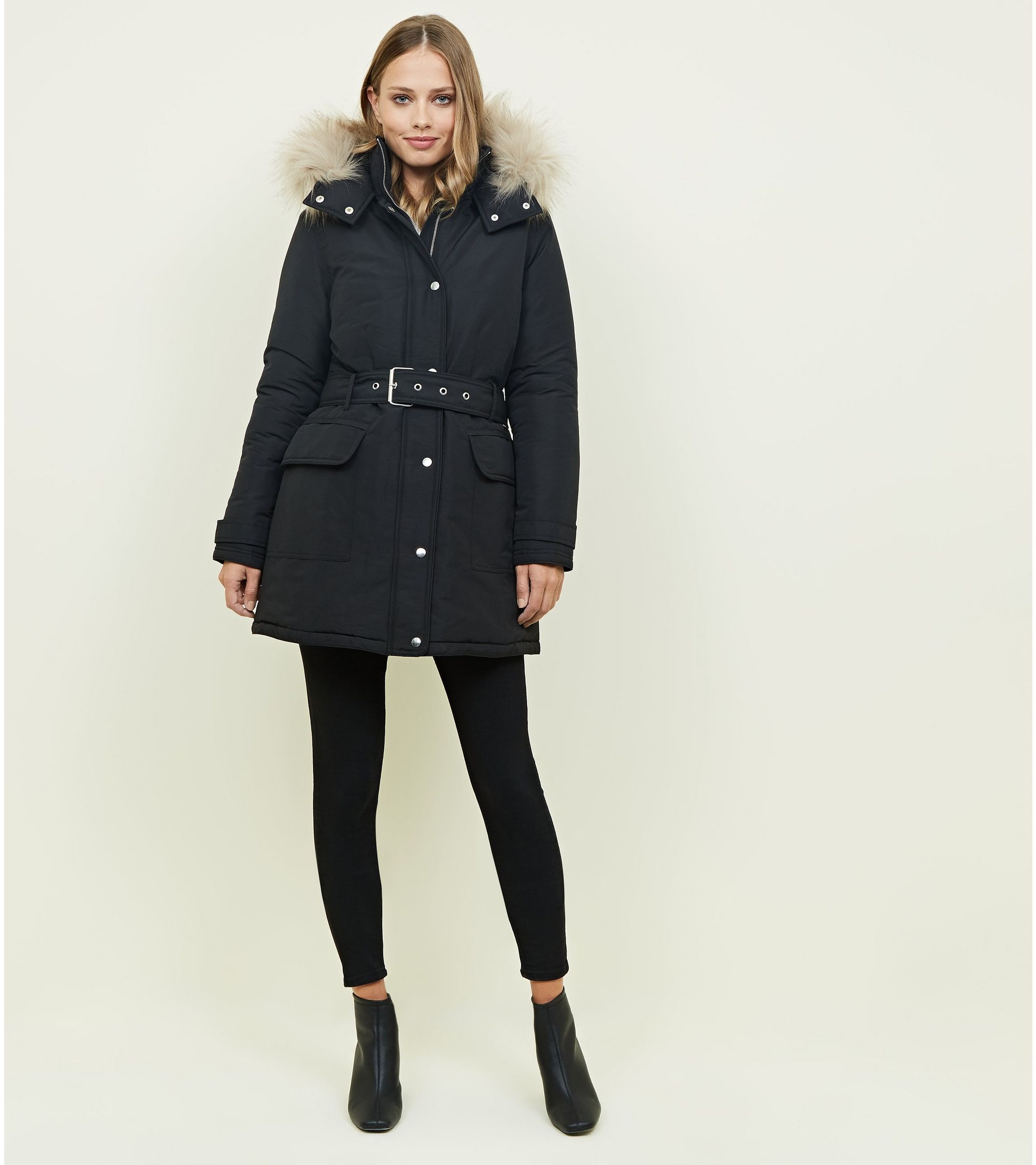New Look Black Faux Fur Hood Belted Parka Jacket at £59.99 | love the