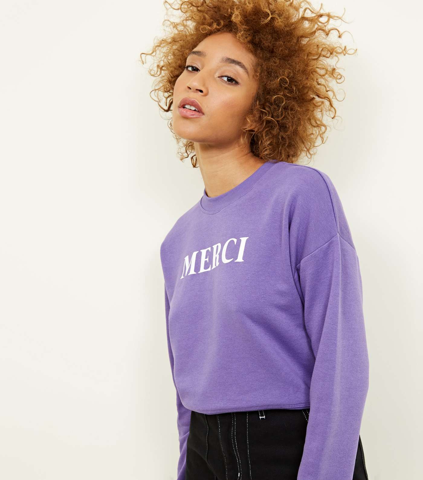 Purple Merci Slogan Cropped Sweatshirt
