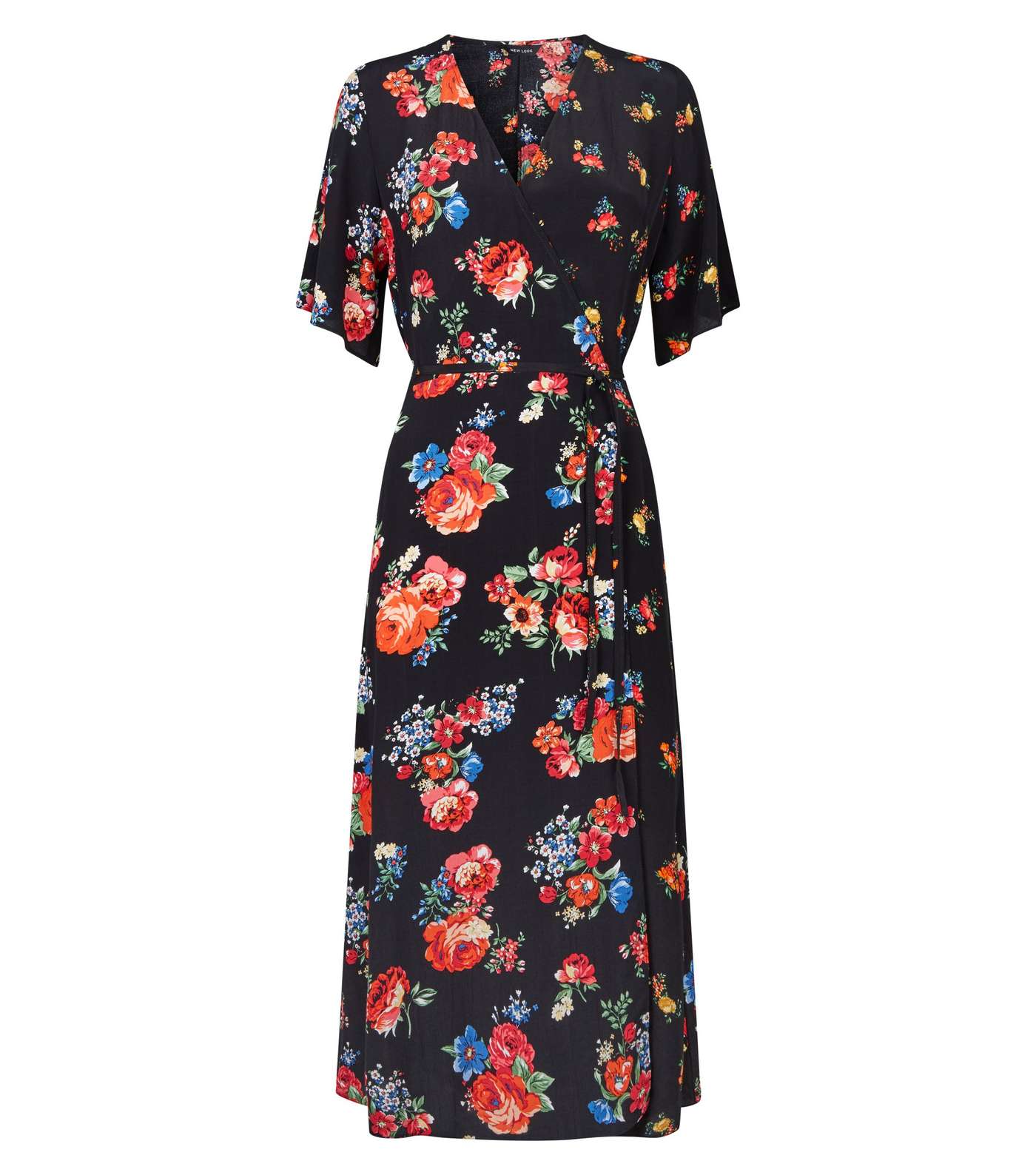Black Mixed Floral Midi Wrap Dress Image 4