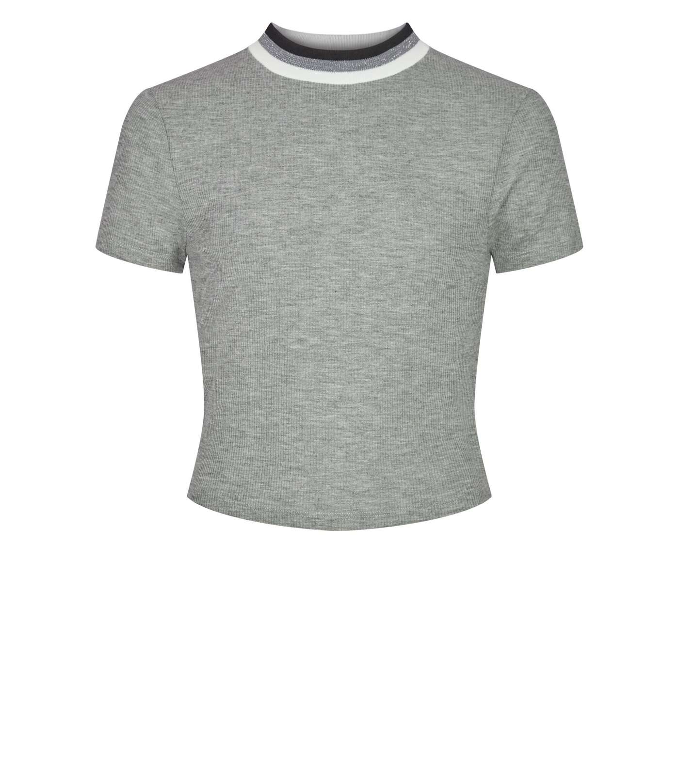 Girls Grey Marl Ribbed Glitter Crew Neck T-Shirt  Image 4