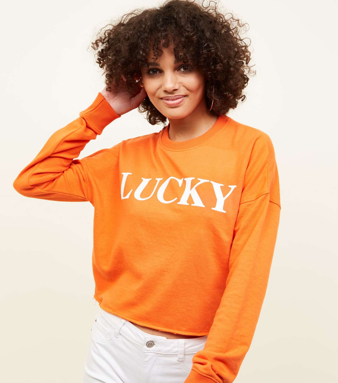 Bright Orange Lucky Slogan Cropped Sweatshirt