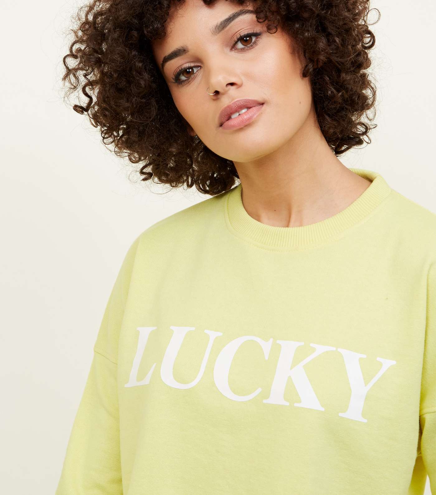 Pale Yellow Lucky Slogan Cropped Sweatshirt