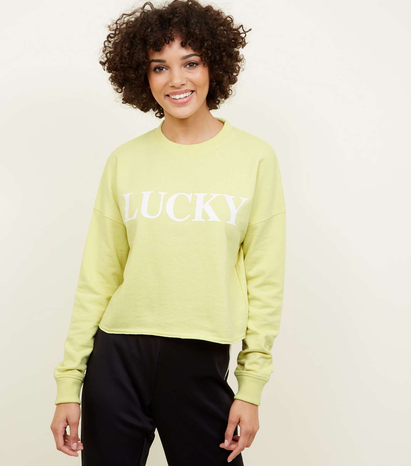 Pale Yellow Lucky Slogan Cropped Sweatshirt Image 5