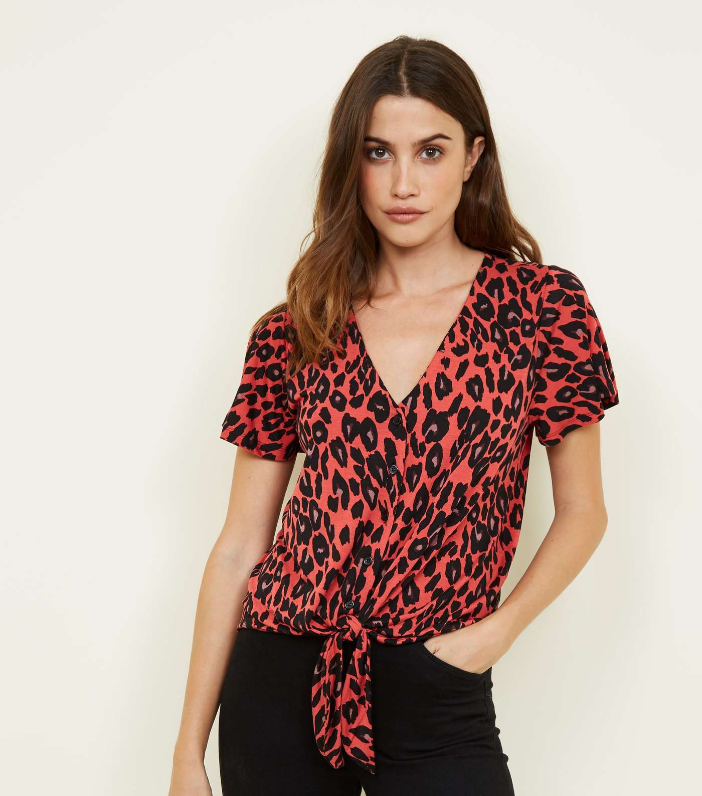 Red Leopard Print Tie Front Top