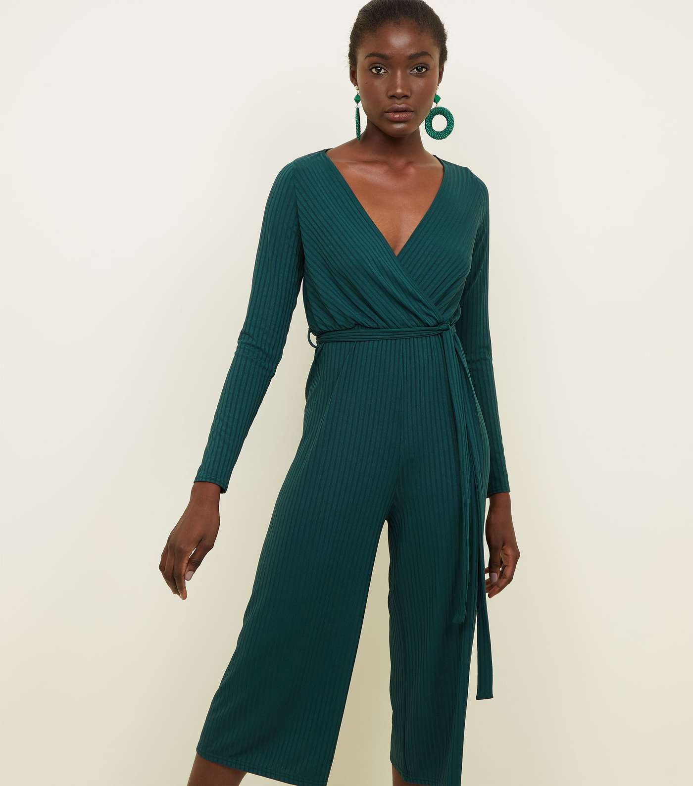Dark Green Ribbed Long Sleeve Wrap Front Jumpsuit