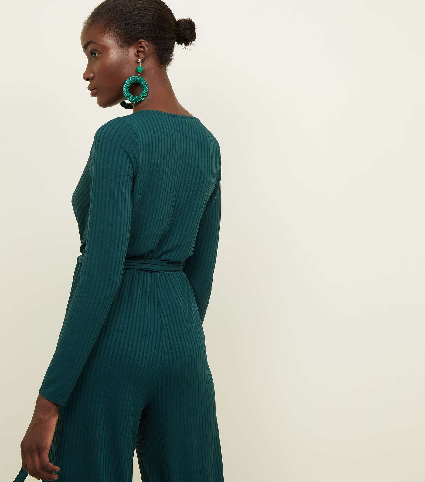 Dark Green Ribbed Long Sleeve Wrap Front Jumpsuit Image 3