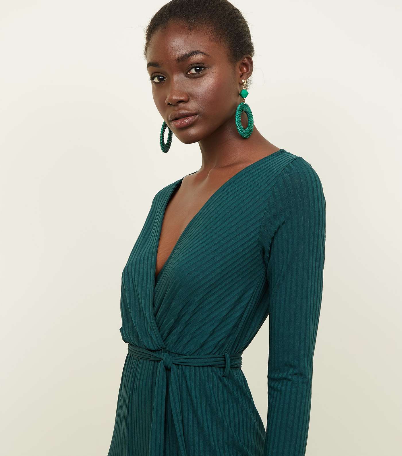 Dark Green Ribbed Long Sleeve Wrap Front Jumpsuit Image 5