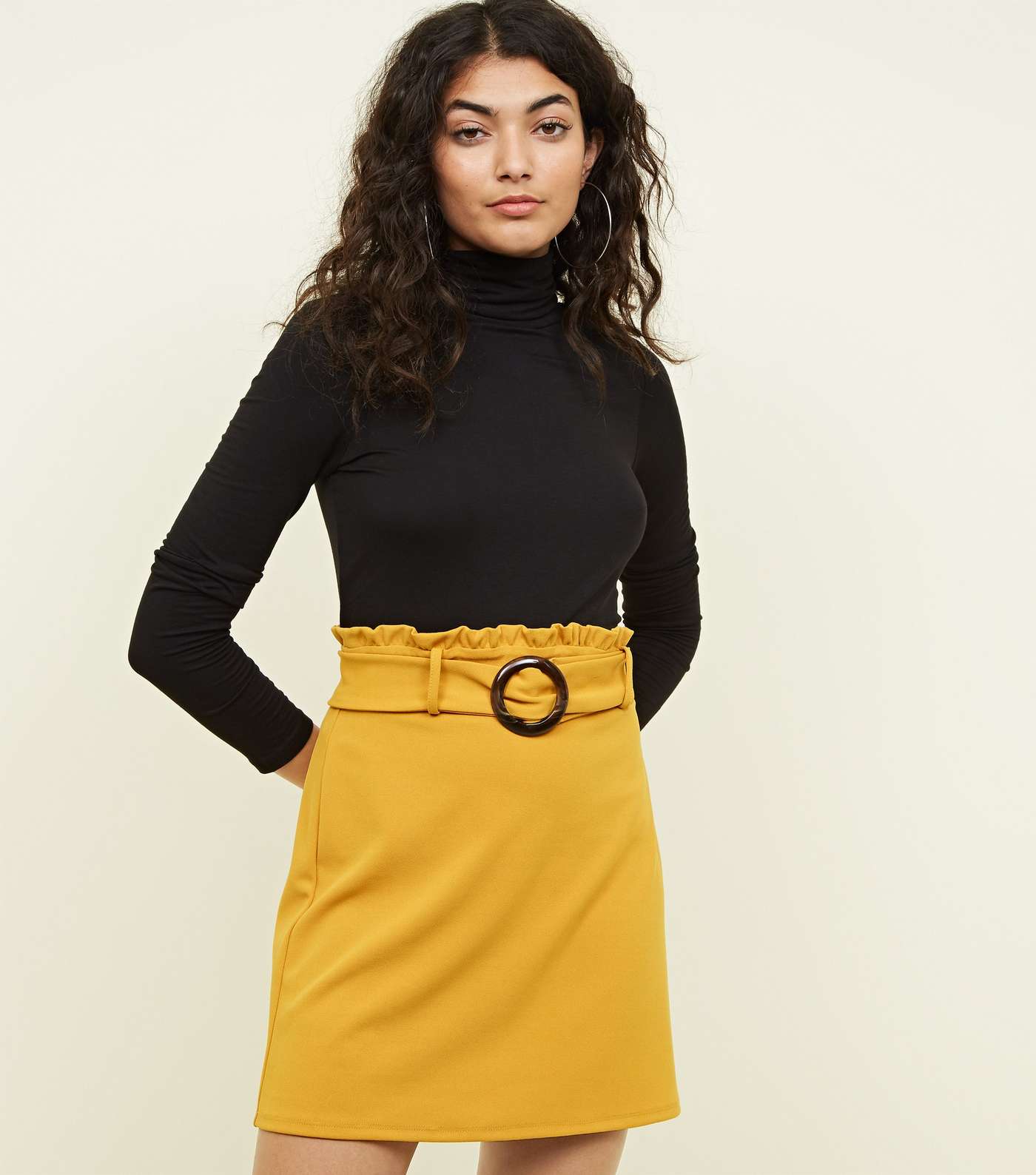 Yellow Faux Horn Buckle Paperbag Waist Skirt