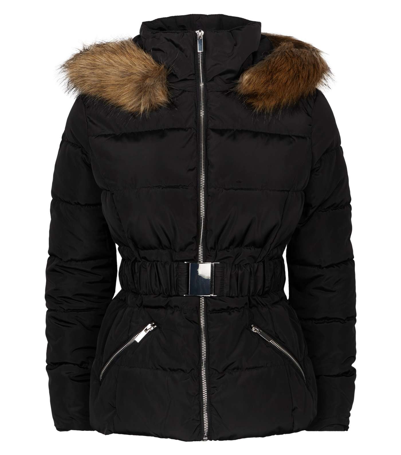 Petite Black Faux Fur Hooded Belted Puffer Jacket  Image 4