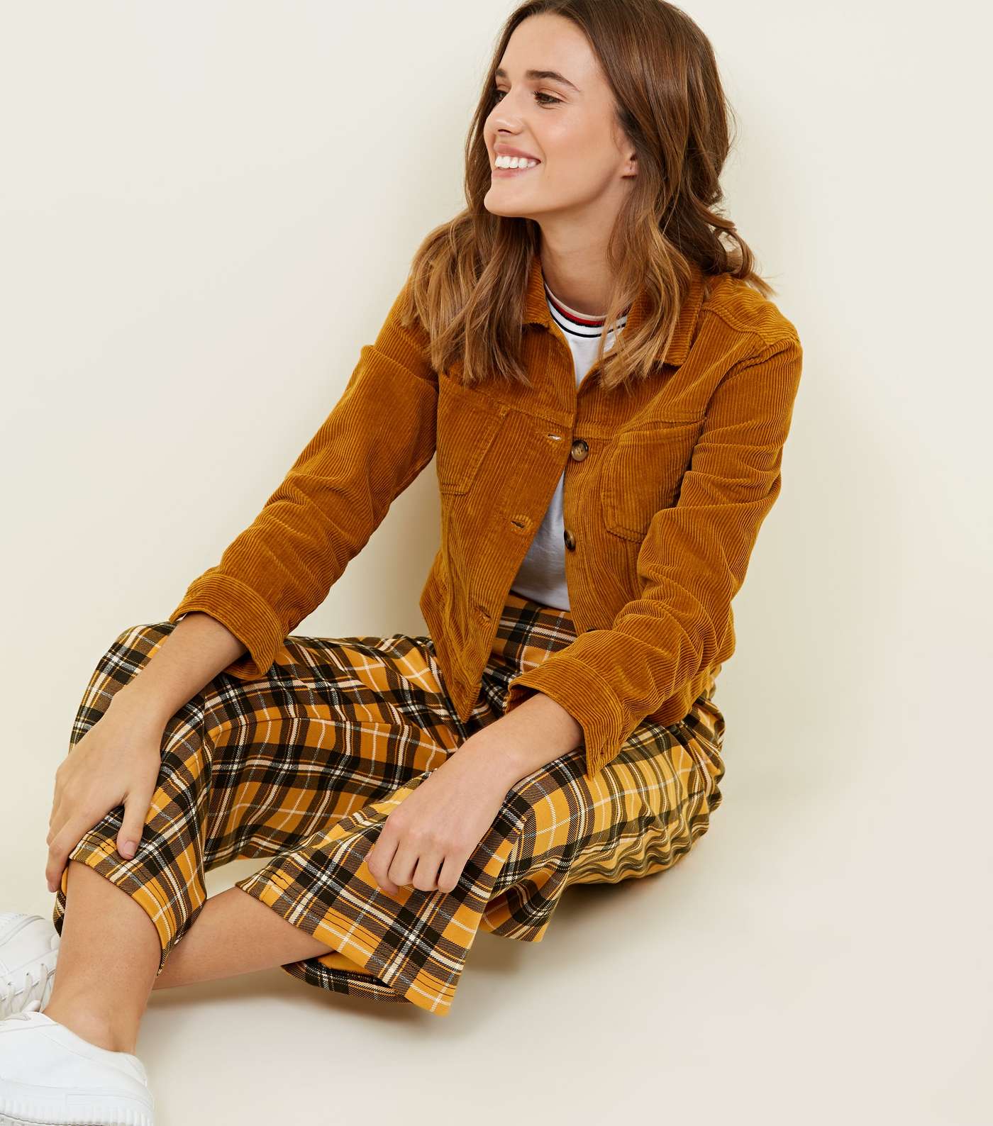 Mustard Check Cropped Trousers Image 5