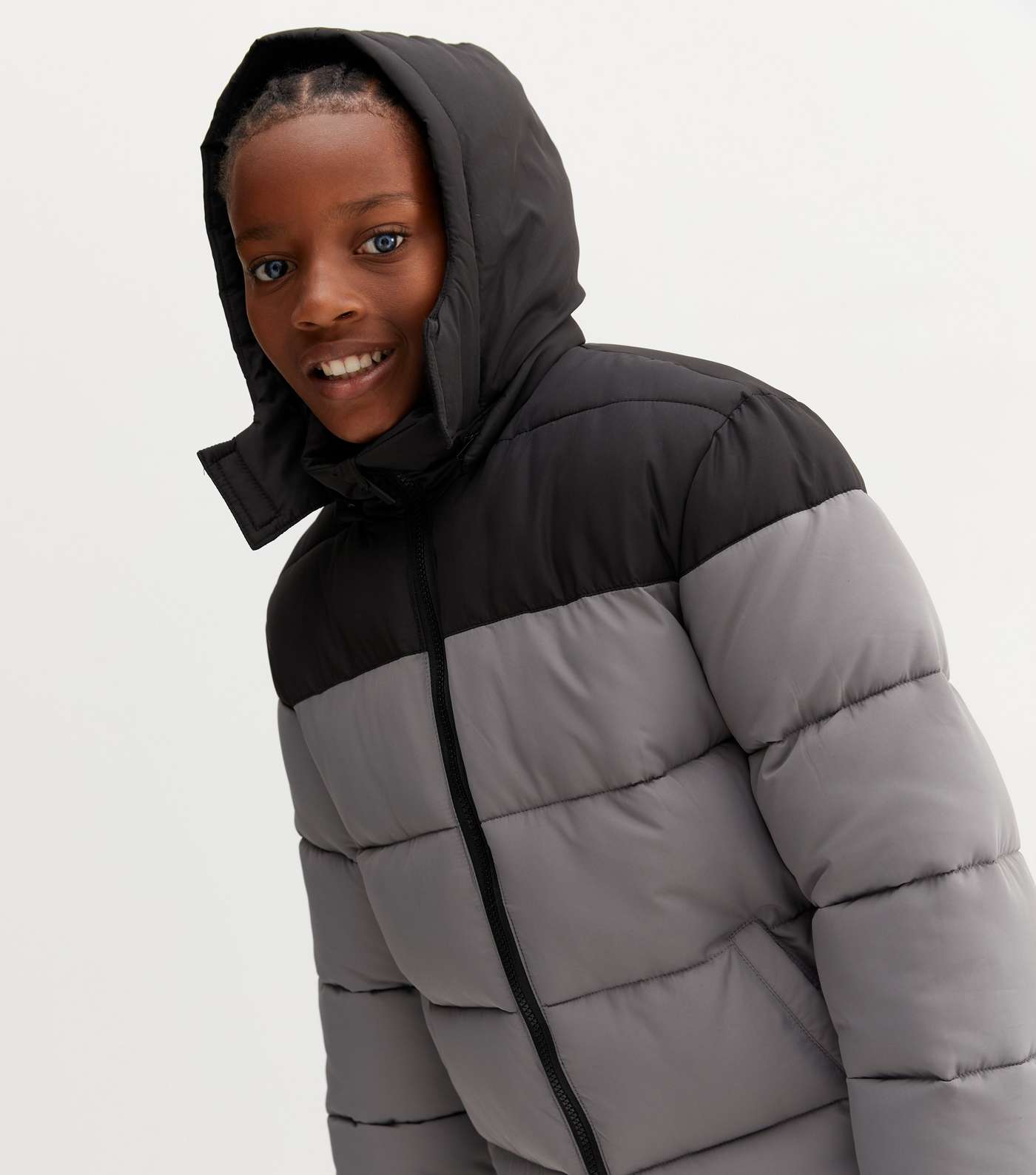 Boys Grey Colour Block Hooded Puffer Jacket Image 3
