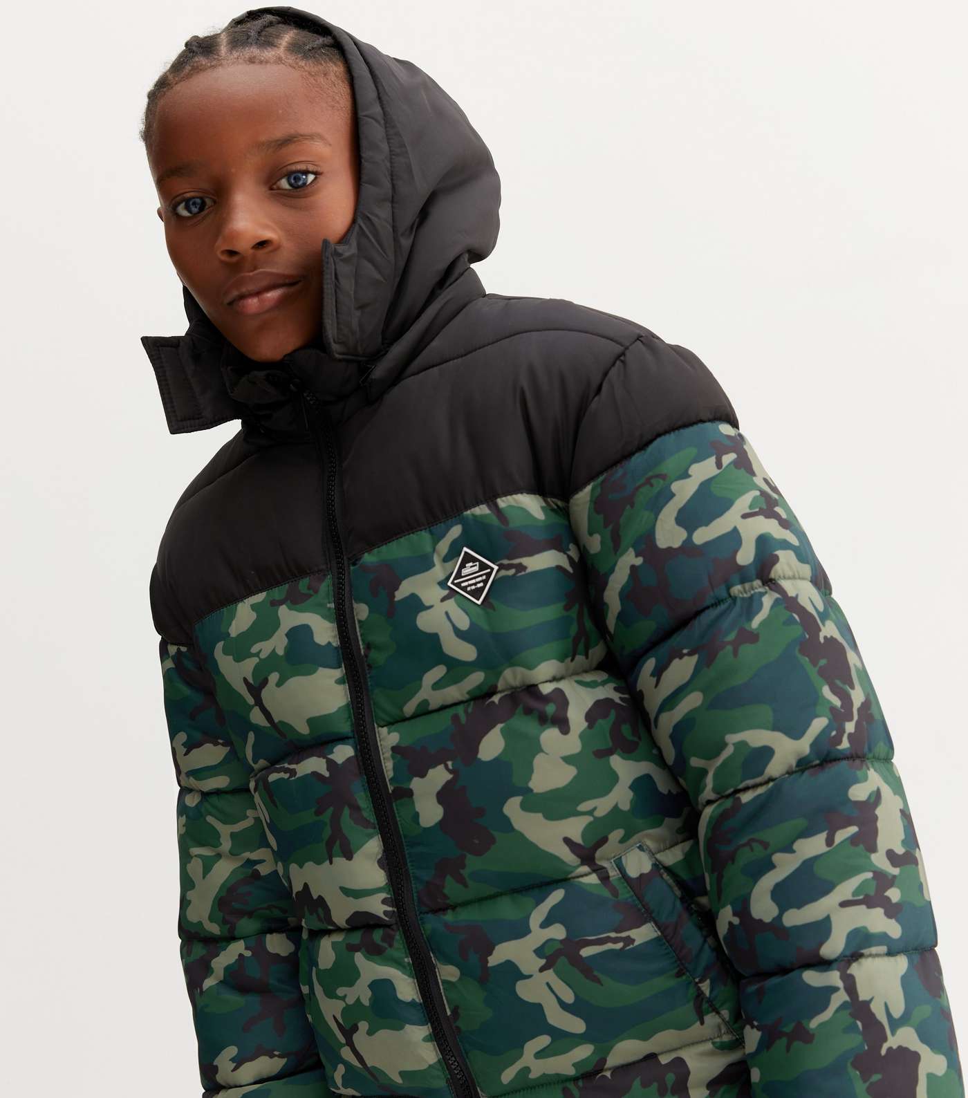 Boys Green Camo Colour Block Hooded Puffer Jacket Image 3