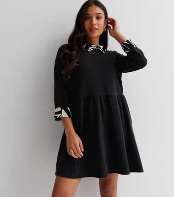 Petite Black Abstract Knit 2-in-1 Collared Long Sleeve Mini Dress