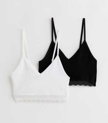 Girls 2 Pack Black and White Lace Trim Crop Tops