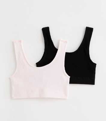 Girls 2 Pack Pale Pink and Black Ribbed Scoop Neck Seamless Crop Vests