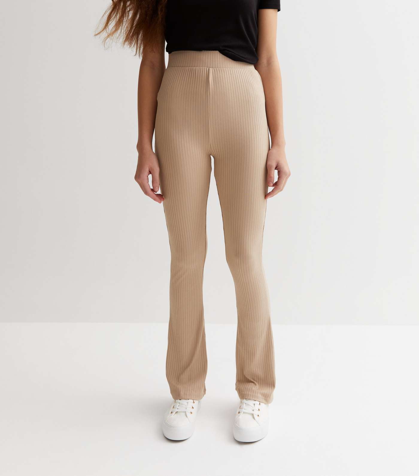 Girls Camel Ribbed High Waist Flared Trousers Image 2