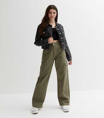 Girls Khaki Cotton Mid Rise Wide Leg Cargo Trousers