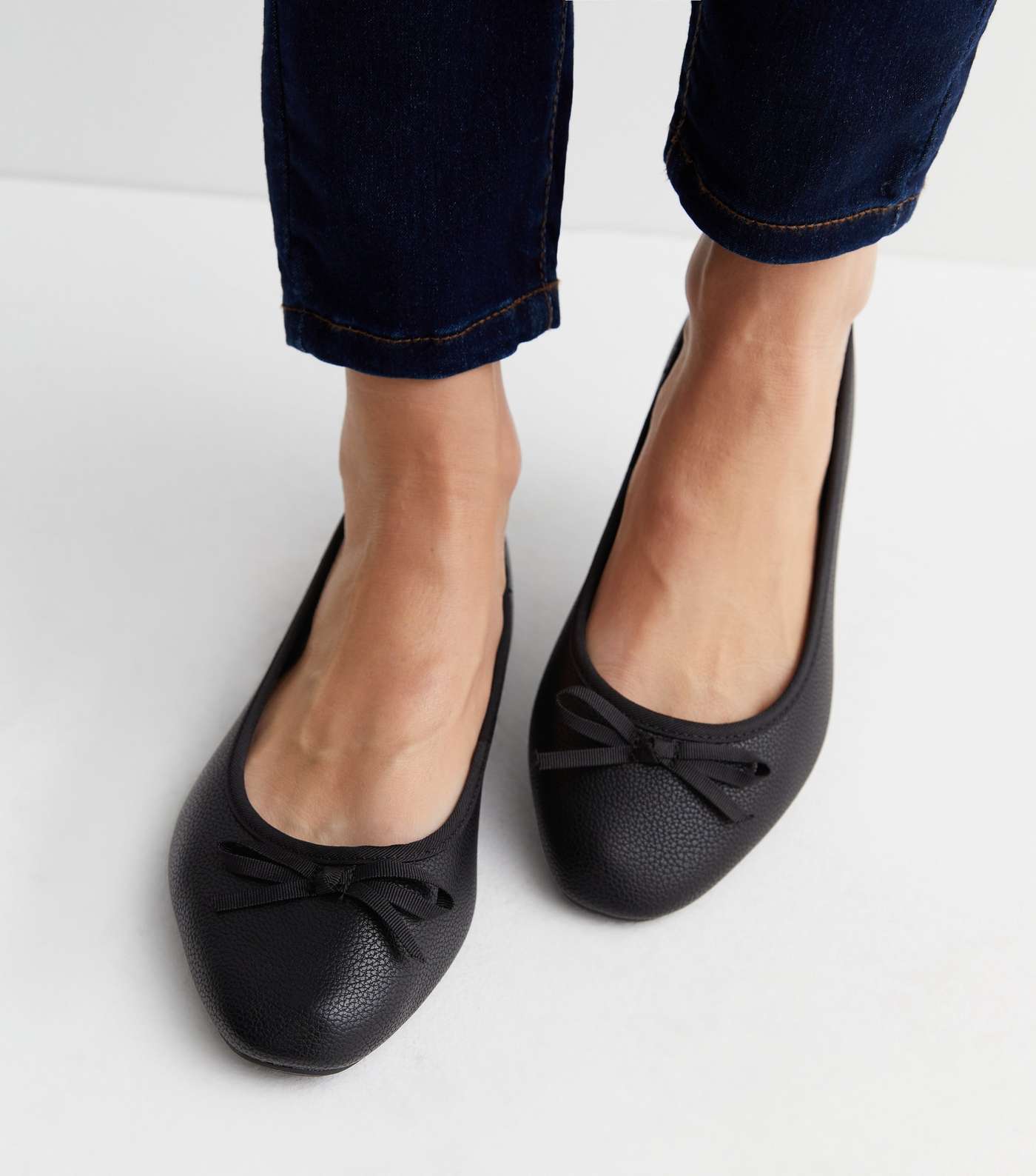 Extra Wide Fit Black Leather-Look Bow Front Ballerina Pumps Image 2
