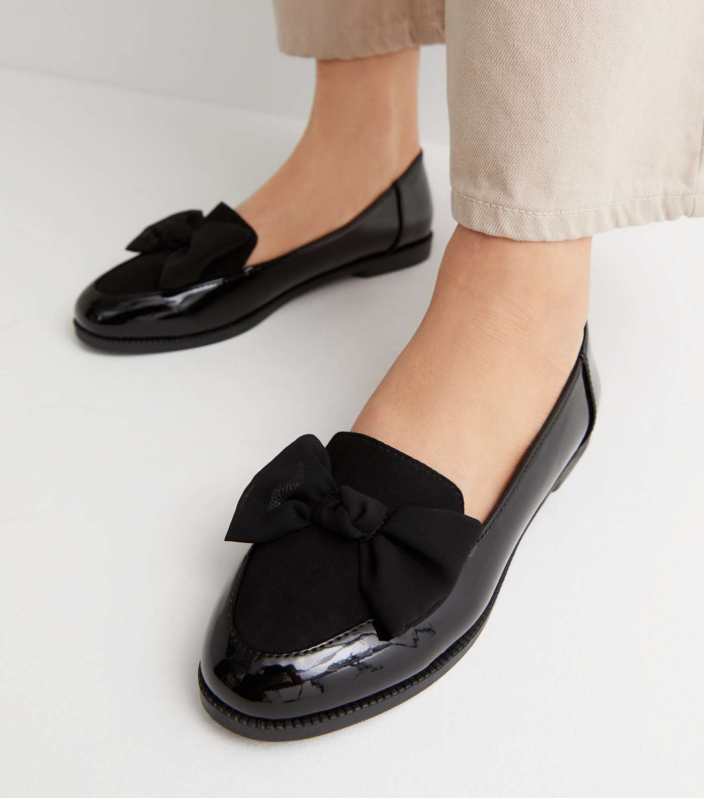 Black Patent Suedette Bow Loafers Image 2
