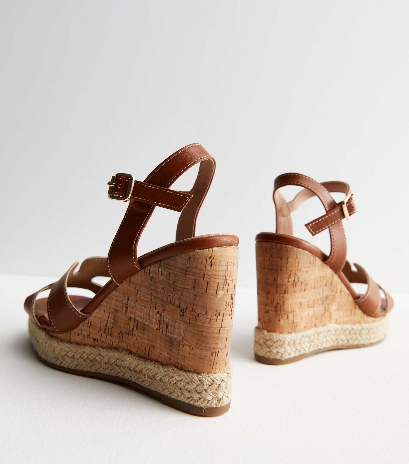 Tan Leather-Look Espadrille Trim Wedge Heel Sandals Image 4