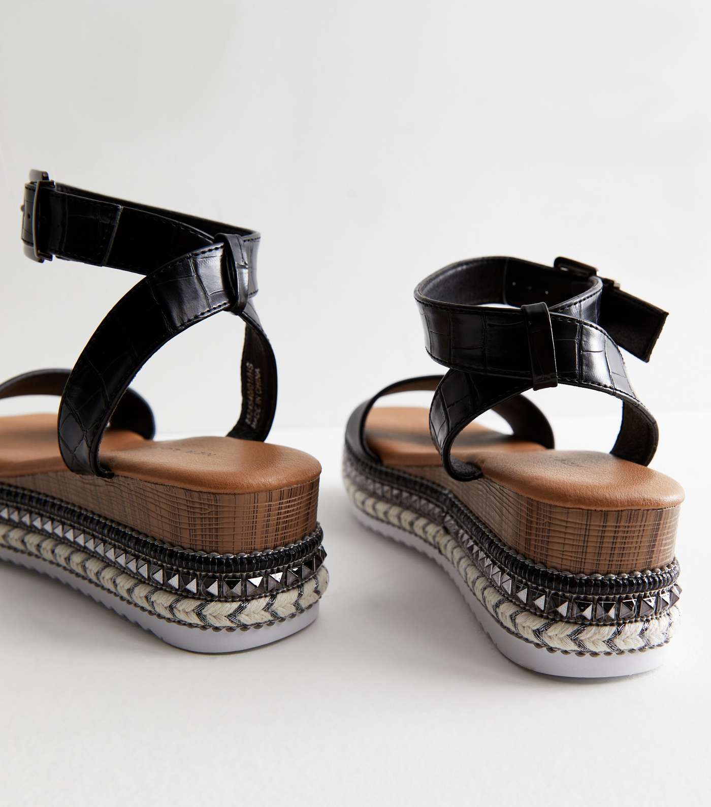 Black Faux Croc Stud Espadrille 2 Part Flatform Sandals Image 4