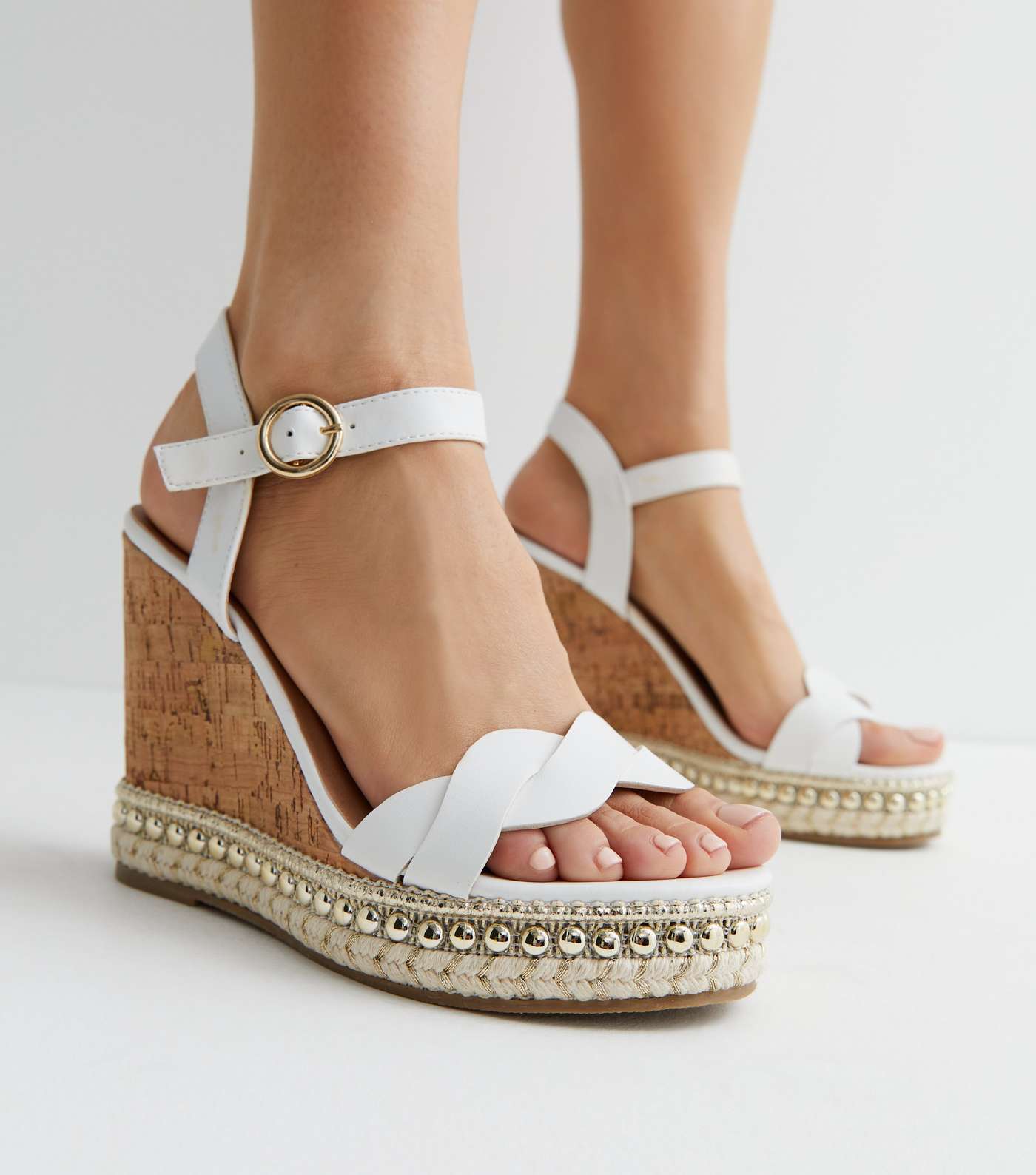 White Leather-Look Stud Espadrille Wedge Sandals Image 2