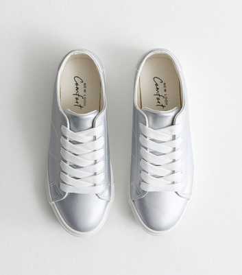Silver Leather-Look Lace Up Trainers