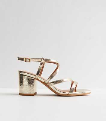 Wide Fit Gold Faux Snake Strappy Mid Block Heel Sandals