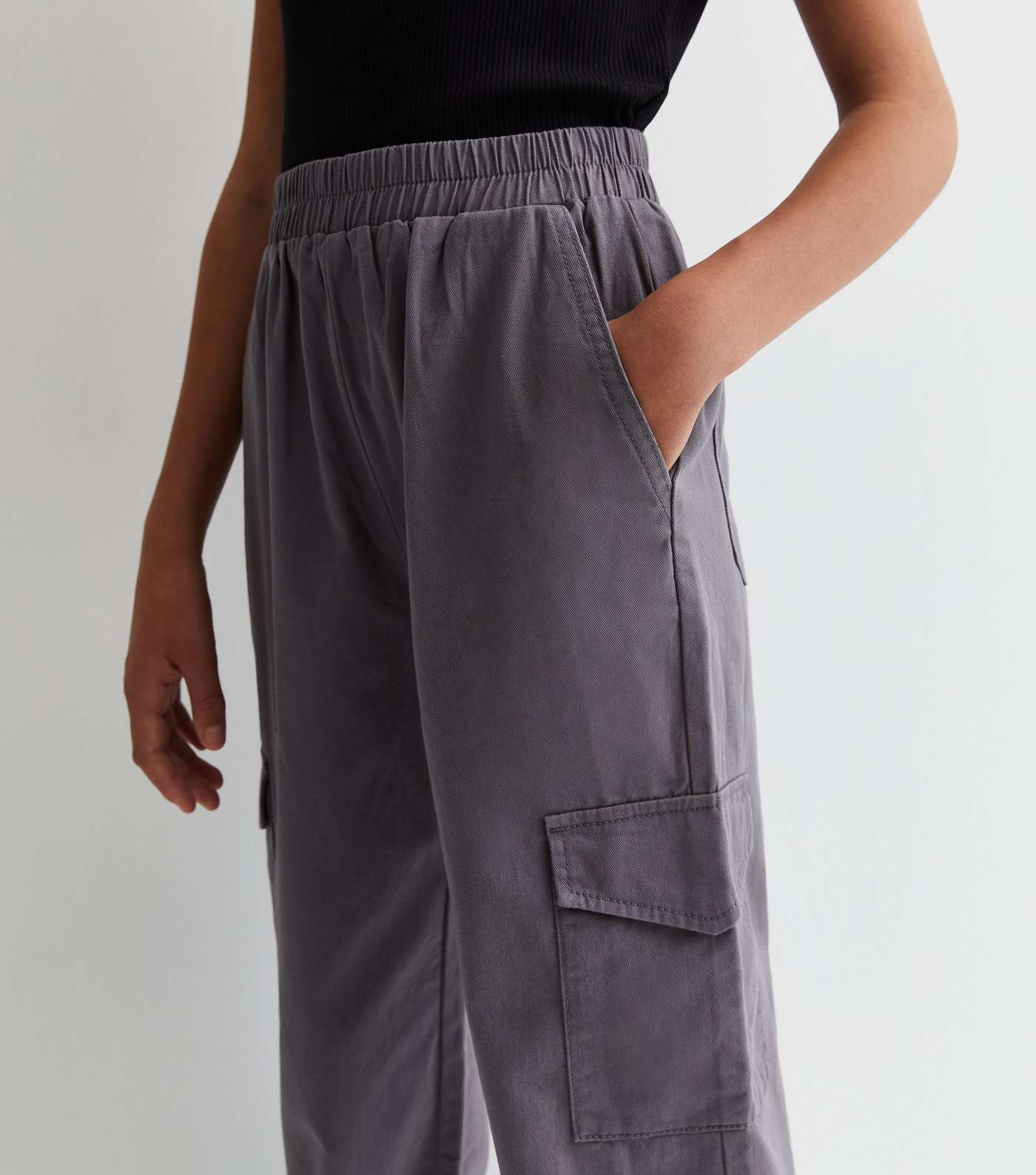 Girls Dark Grey Cotton Cuffed Cargo Trousers Image 3