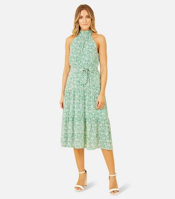 Mela Green Ditsy Floral Belted Halter Midi Dress New Look