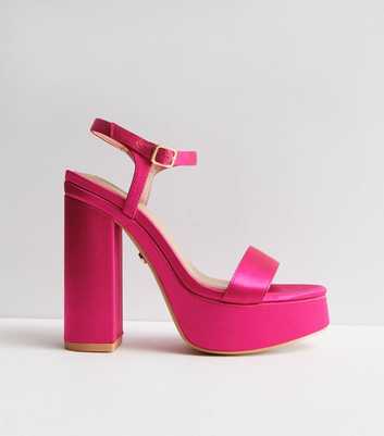 Little Mistress Bright Pink Satin Platform Block Heel Sandals