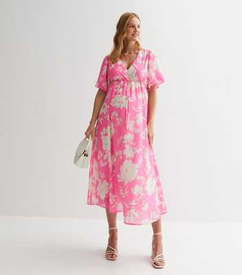 Maternity Pink Floral V Neck Midi Dress
