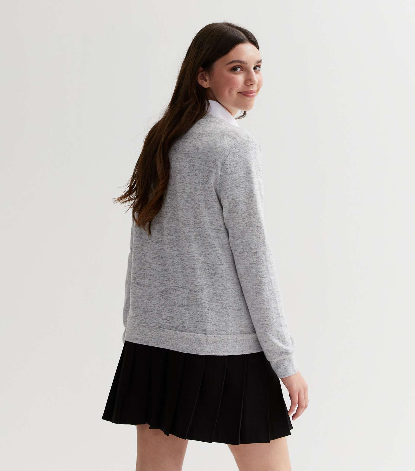Girls Grey Fine Knit V Neck School Jumper Image 4