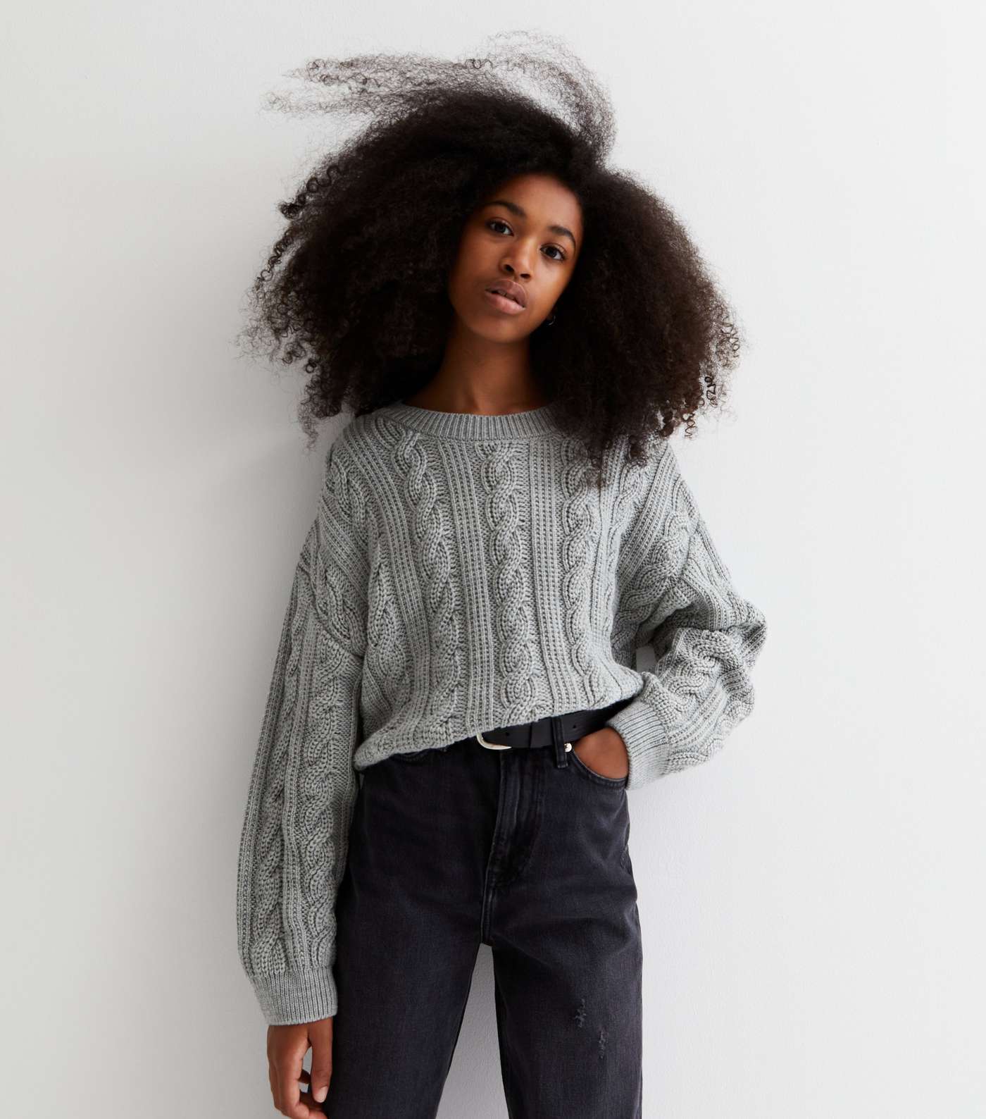 Girls Grey Cable Knit Crop Jumper Image 2