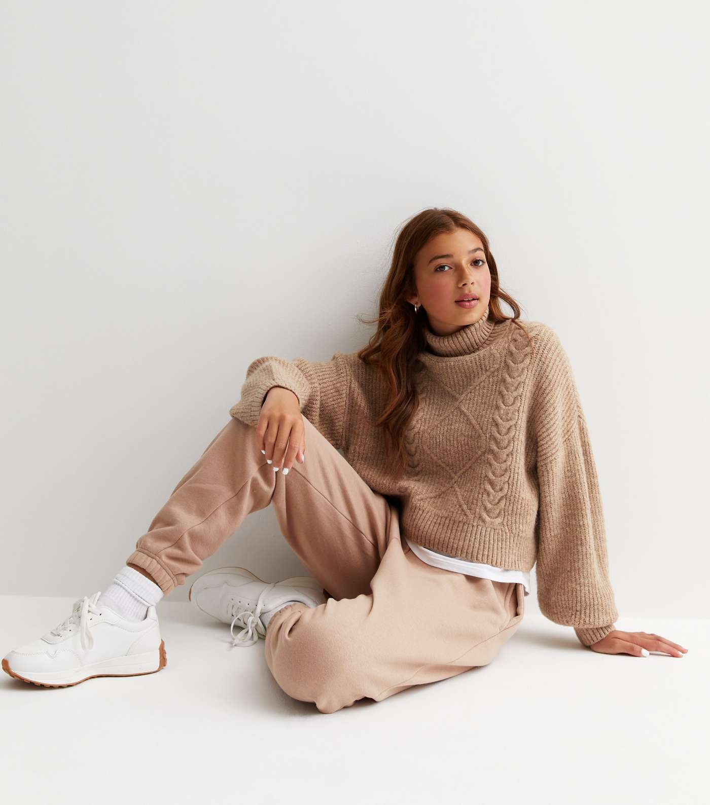 Girls Camel Cable Knit Roll Neck Jumper Image 3