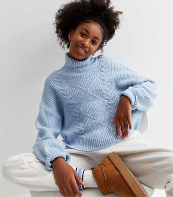 Girls Pale Blue Cable Knit Roll Neck Jumper