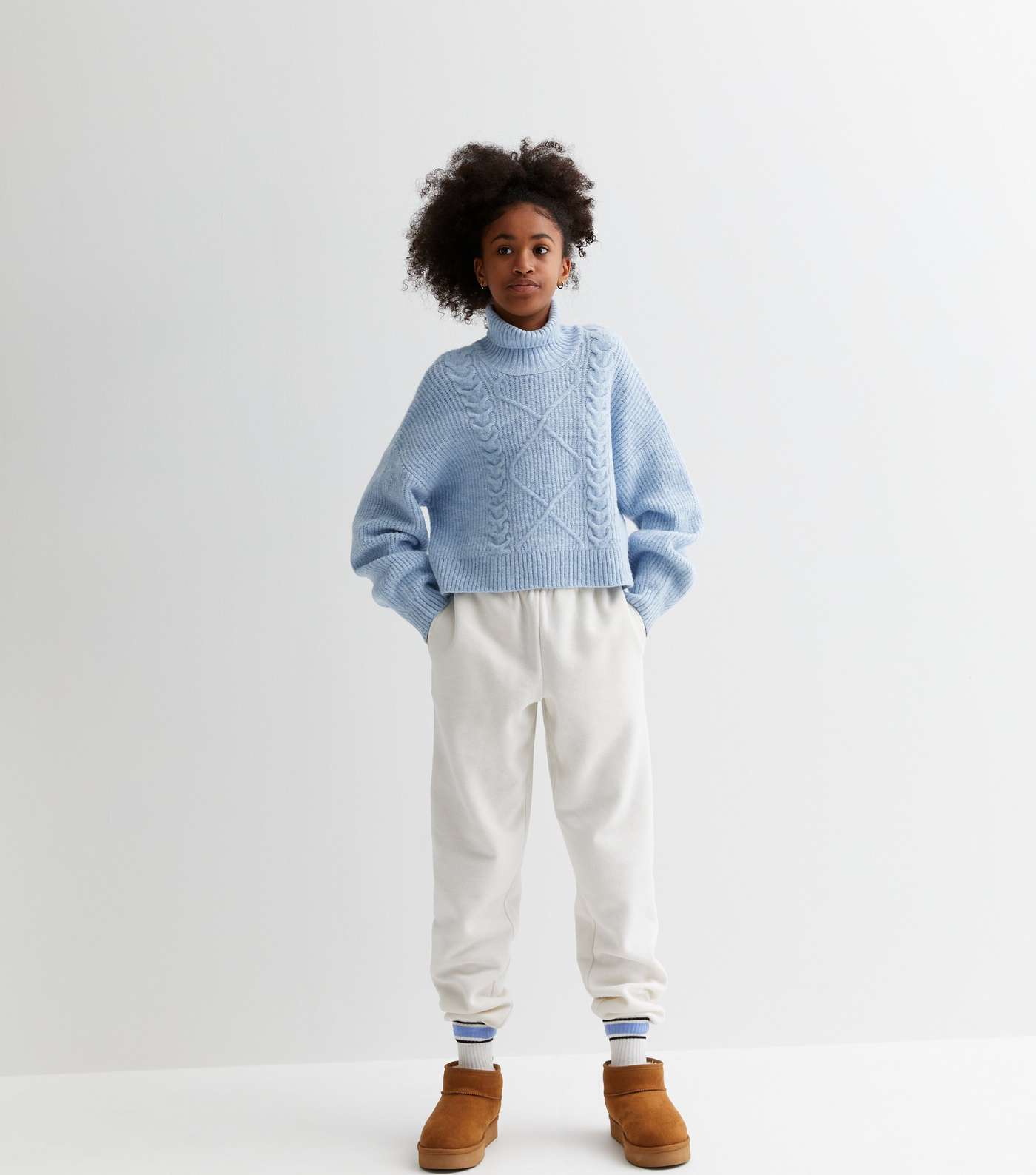 Girls Pale Blue Cable Knit Roll Neck Jumper Image 3
